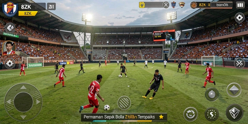 Gameplay seru 8ZK yang menggambarkan aksi sepak bola.
