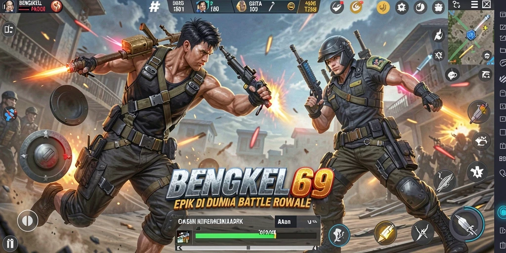 Tampilan gameplay intens BENGKEL69 dalam pertempuran Battle Royale.