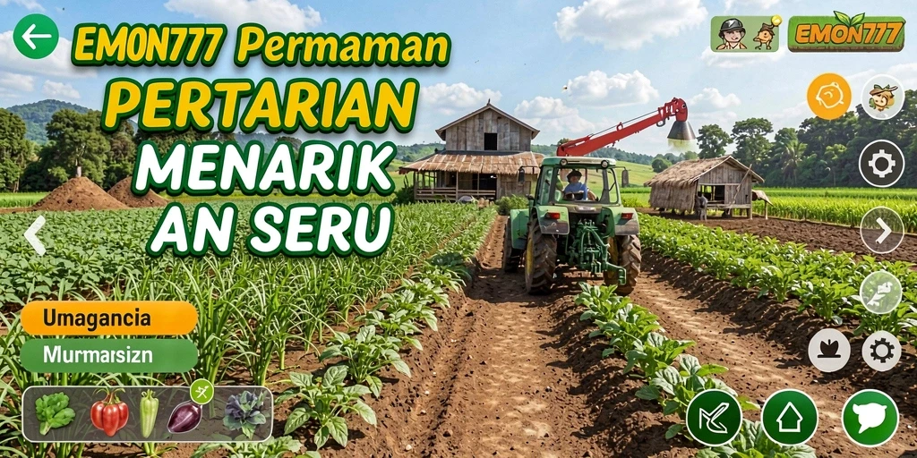 Screenshot gameplay EMON777 menampilkan ladang yang subur dan aktivitas bertani.