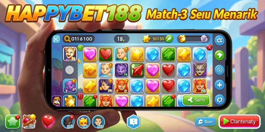 Screenshot gameplay <strong>HAPPYBET188</strong> menampilkan momen seru pemadanan item Match-3.