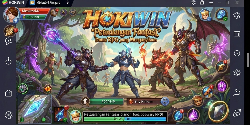 Screenshot gameplay HOKIWIN menampilkan pertarungan epik di dunia fantasi.