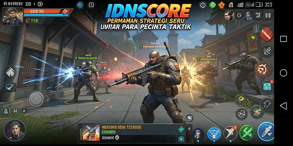 Screenshot utama IDNSCORE menampilkan momen seru strategi pertempuran.