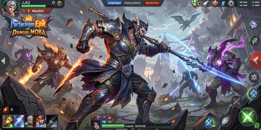 Screenshot gameplay MOBA JJ62 dengan aksi seru dan strategi.