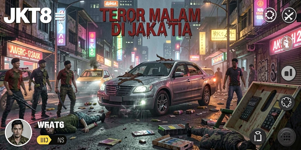 Screenshot gameplay JKT8 menampilkan suasana horor yang mencekam.