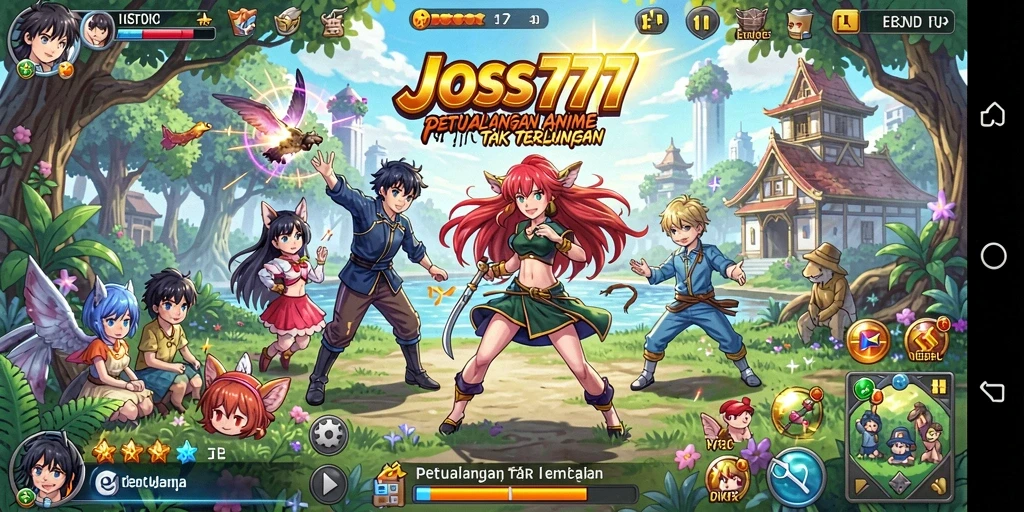 Screenshot gameplay JOSS777 menampilkan pertarungan epik karakter Anime.