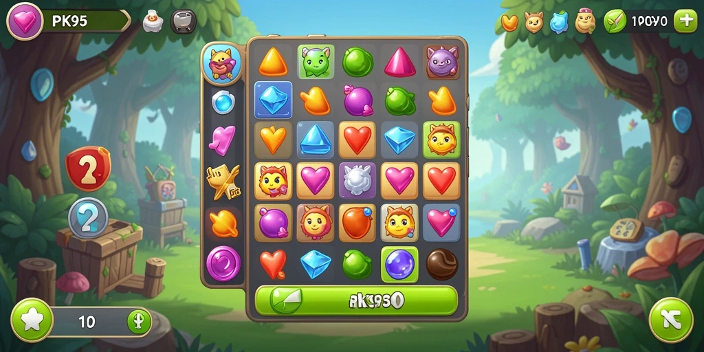 Tampilan gameplay seru PK95 dengan elemen match-3 yang colorful.