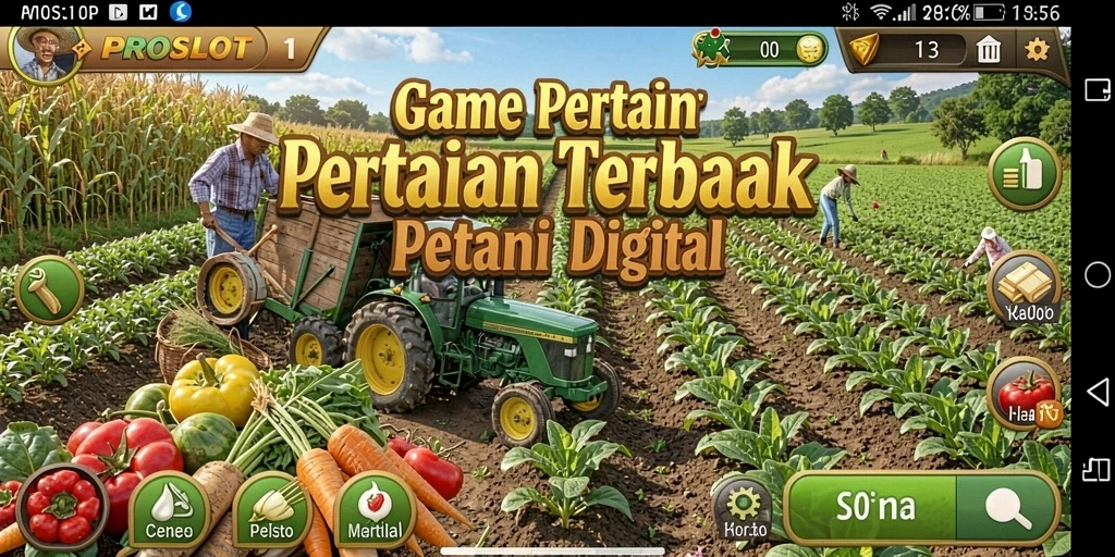 Tampilan gameplay PROSLOT dengan ladang yang subur dan aktivitas bertani.