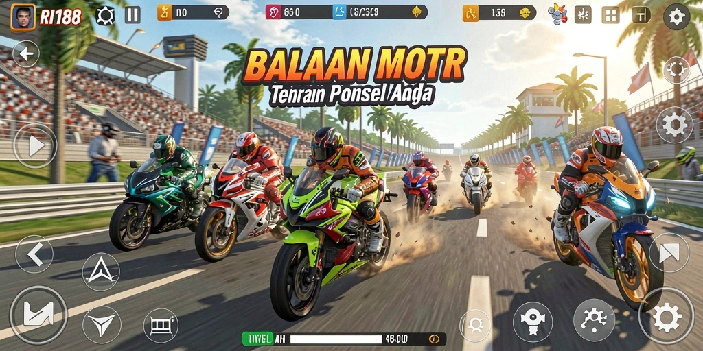 Tampilan gameplay menegangkan dari RI188 saat balapan motor.