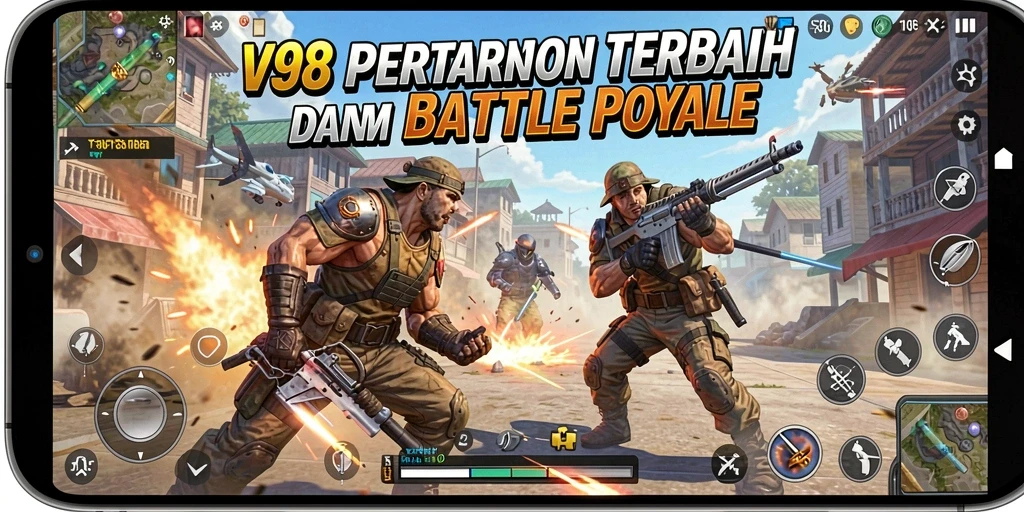 Gameplay menegangkan dari V98 saat bertarung di arena Battle Royale.